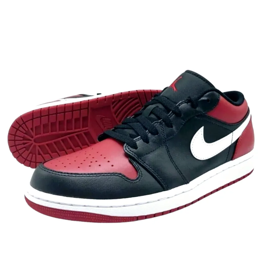 Air Jordan *Men's 1 Low Black/Red Alternate Bred Toe Leather Sneakers (Size 8.5)