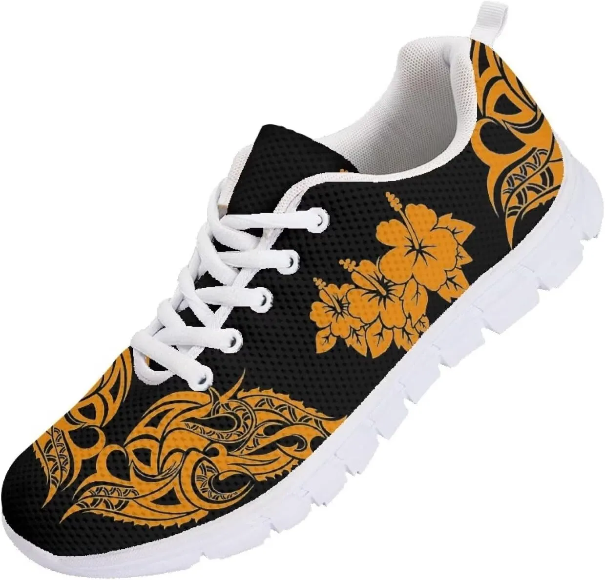AmzPrint Walking Running Shoes Hawaiian Polynesian Island Ethnic Tribal Print White Sole Samoa Shoes Women Casual Sneakers