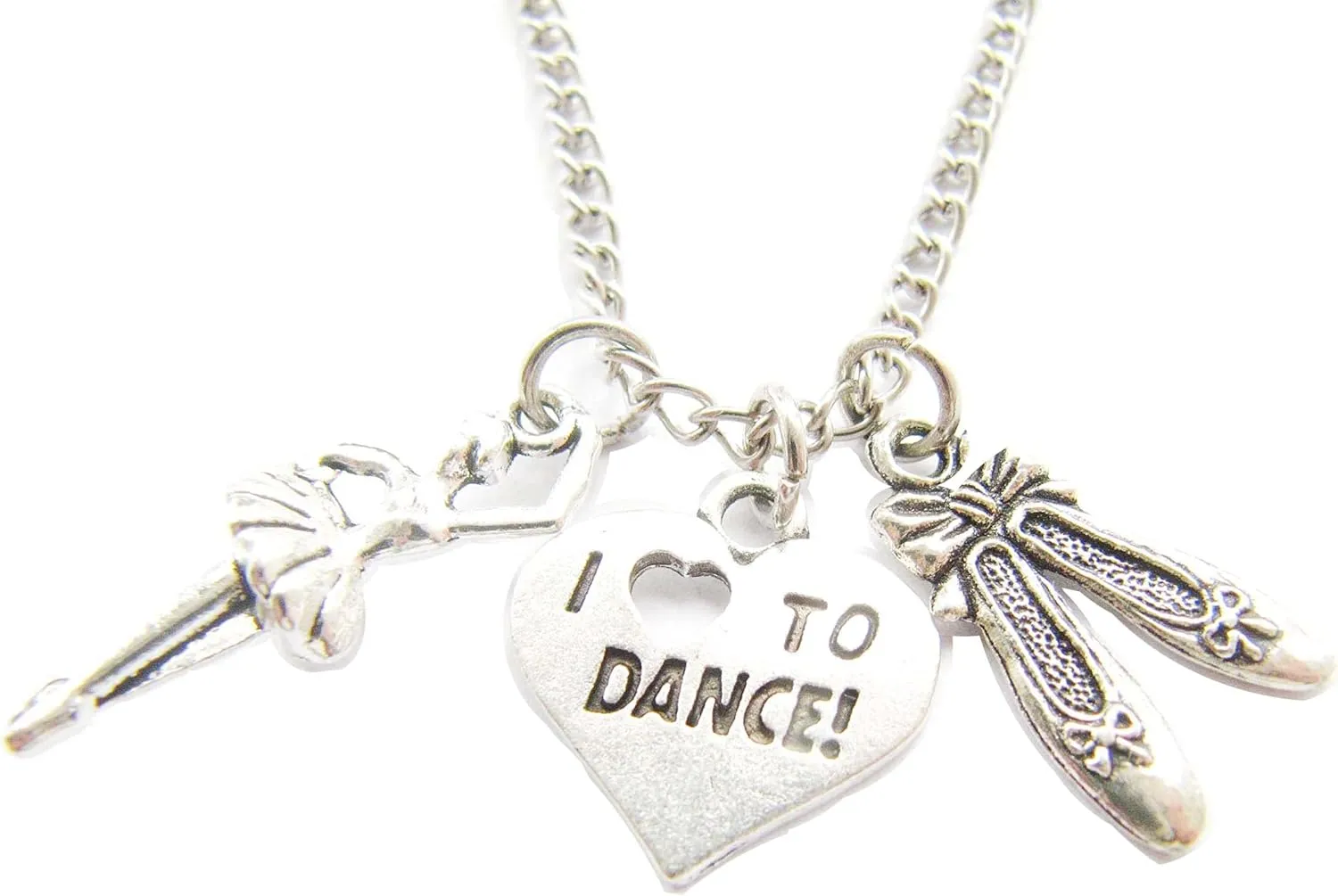 Antique Silver Ballet Dancer Ballerina with Dance Shoes Pendant Heart I Love to Dance Charms Necklace