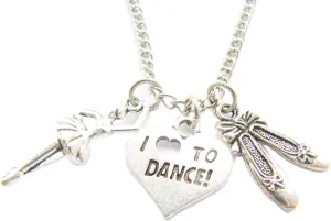 Antique Silver Ballet Dancer Ballerina with Dance Shoes Pendant Heart I Love to Dance Charms Necklace