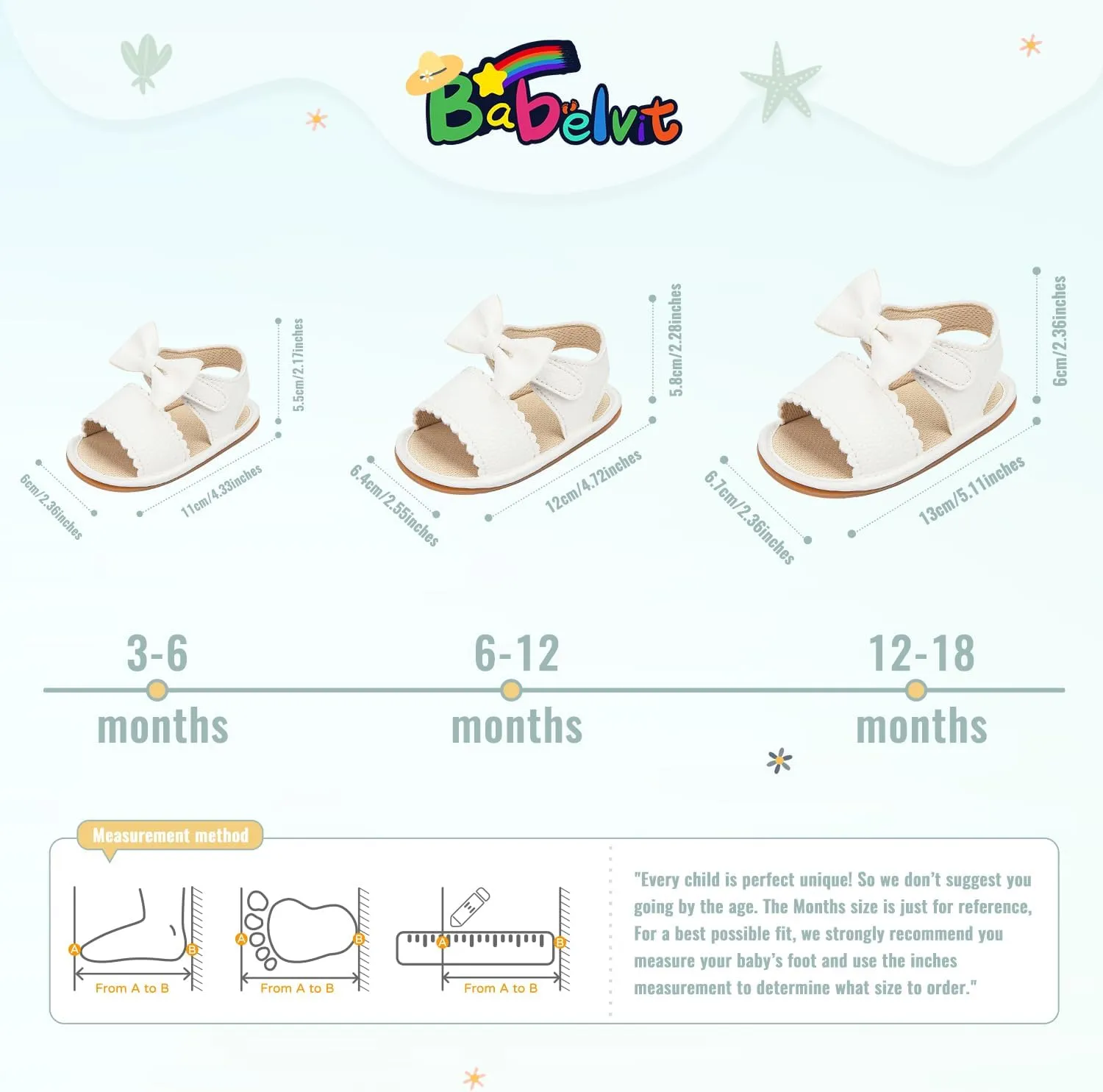 Babelvit Infant Baby Girl Boy Sandals Comfort Premium Summer Outdoor Casual Beach Shoes with Flower Bowknot Anti Slip Rubber Sole Newborn Toddler Prewalker First Walking Shoes