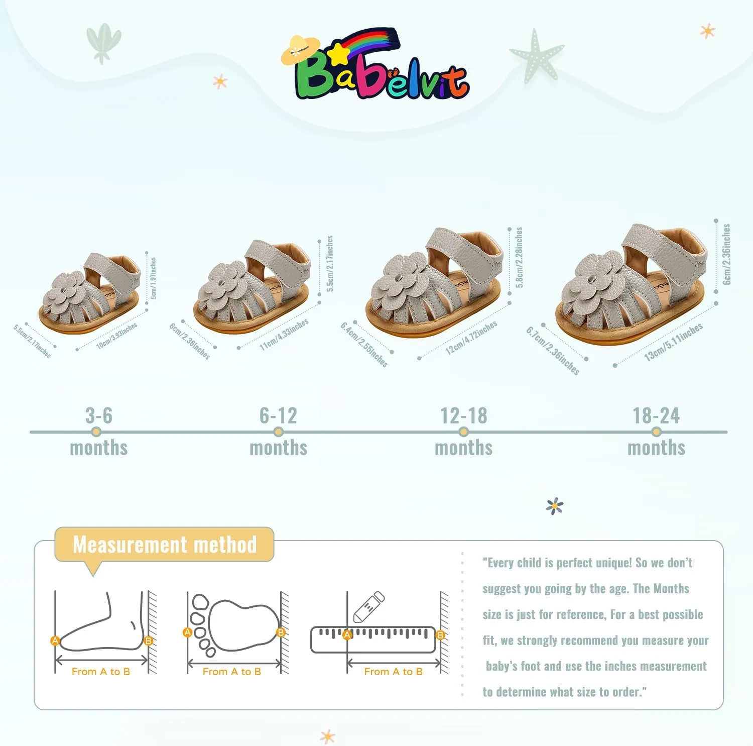 Babelvit Infant Baby Girl Boy Sandals Comfort Premium Summer Outdoor Casual Beach Shoes with Flower Bowknot Anti Slip Rubber Sole Newborn Toddler Prewalker First Walking Shoes