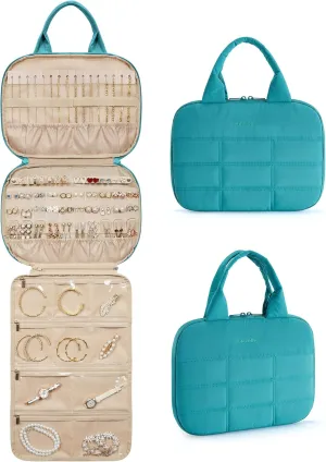 BAGSMART Travel Jewelry Organizer, Hanging Jewelry Organizer with Zipper Pockets, Large Capacity Puffy Jewelry Roll for Earrings, Necklaces, Rings on Closet, Wall, Portable Travel Essentials, Green