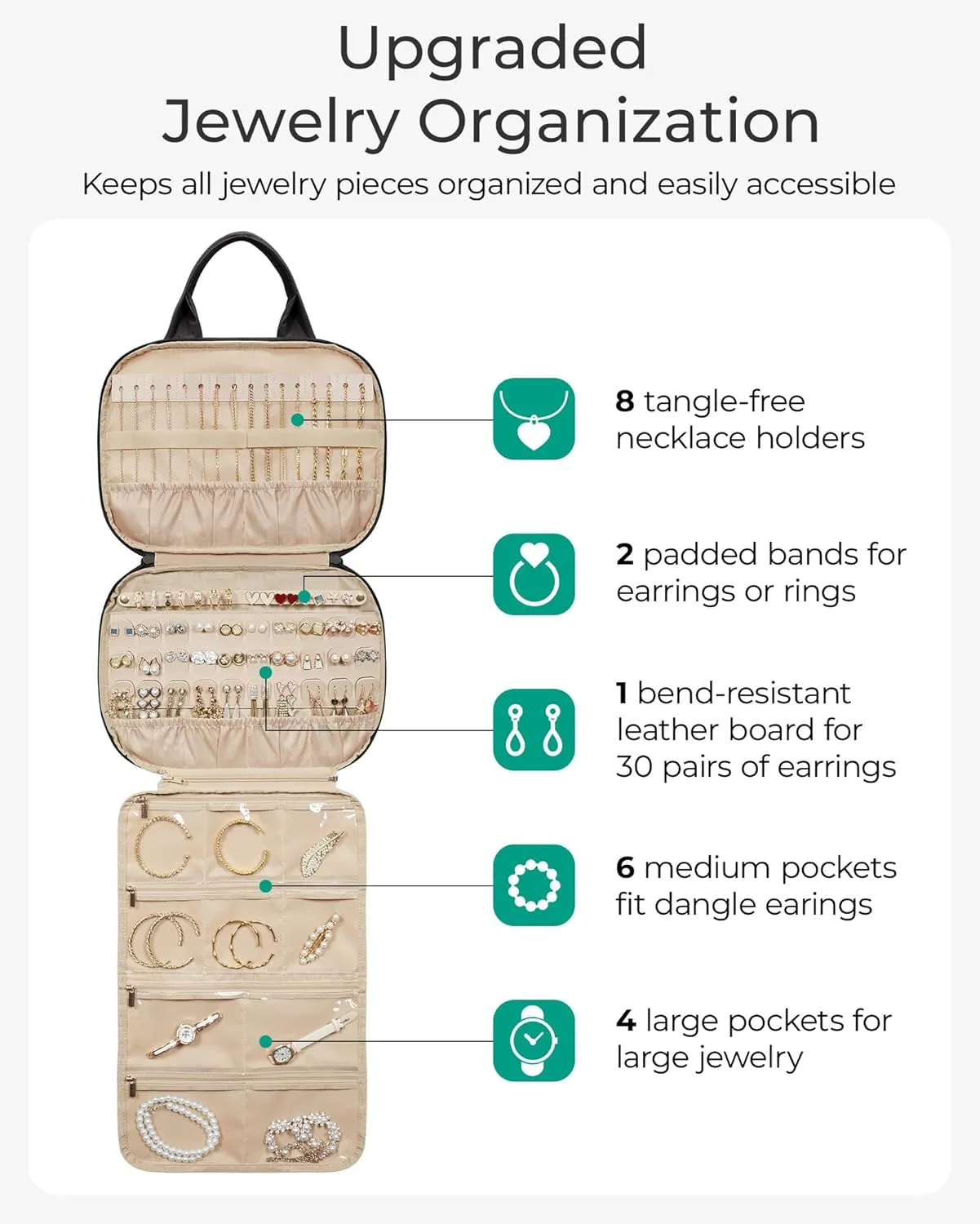 BAGSMART Travel Jewelry Organizer, Hanging Jewelry Organizer with Zipper Pockets, Large Capacity Puffy Jewelry Roll for Earrings, Necklaces, Rings on Closet, Wall, Portable Travel Essentials, Green