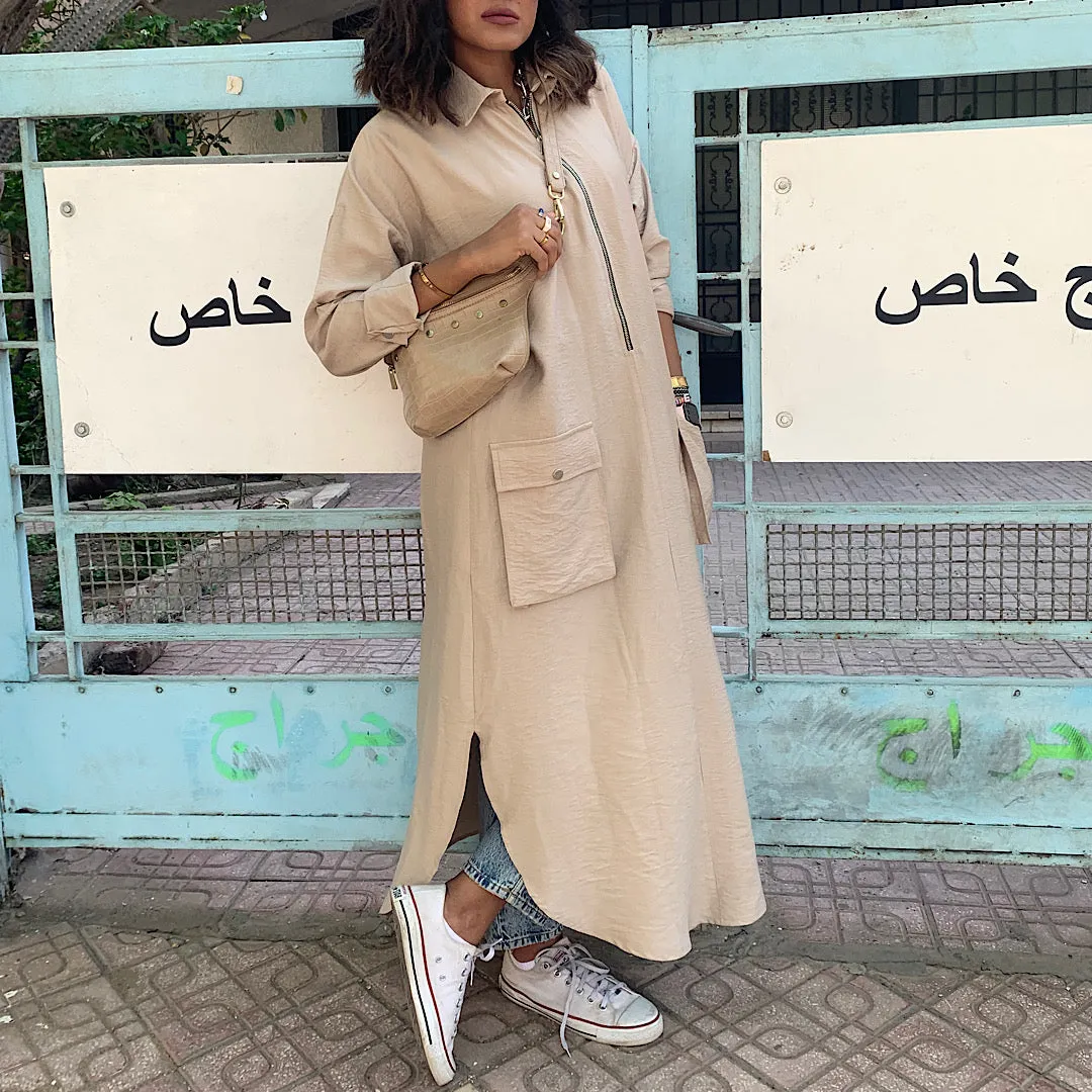 Beige front zipper shirt dress