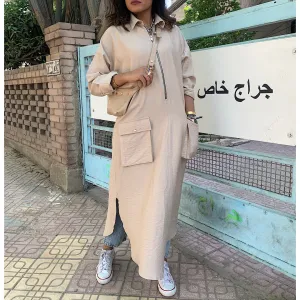 Beige front zipper shirt dress