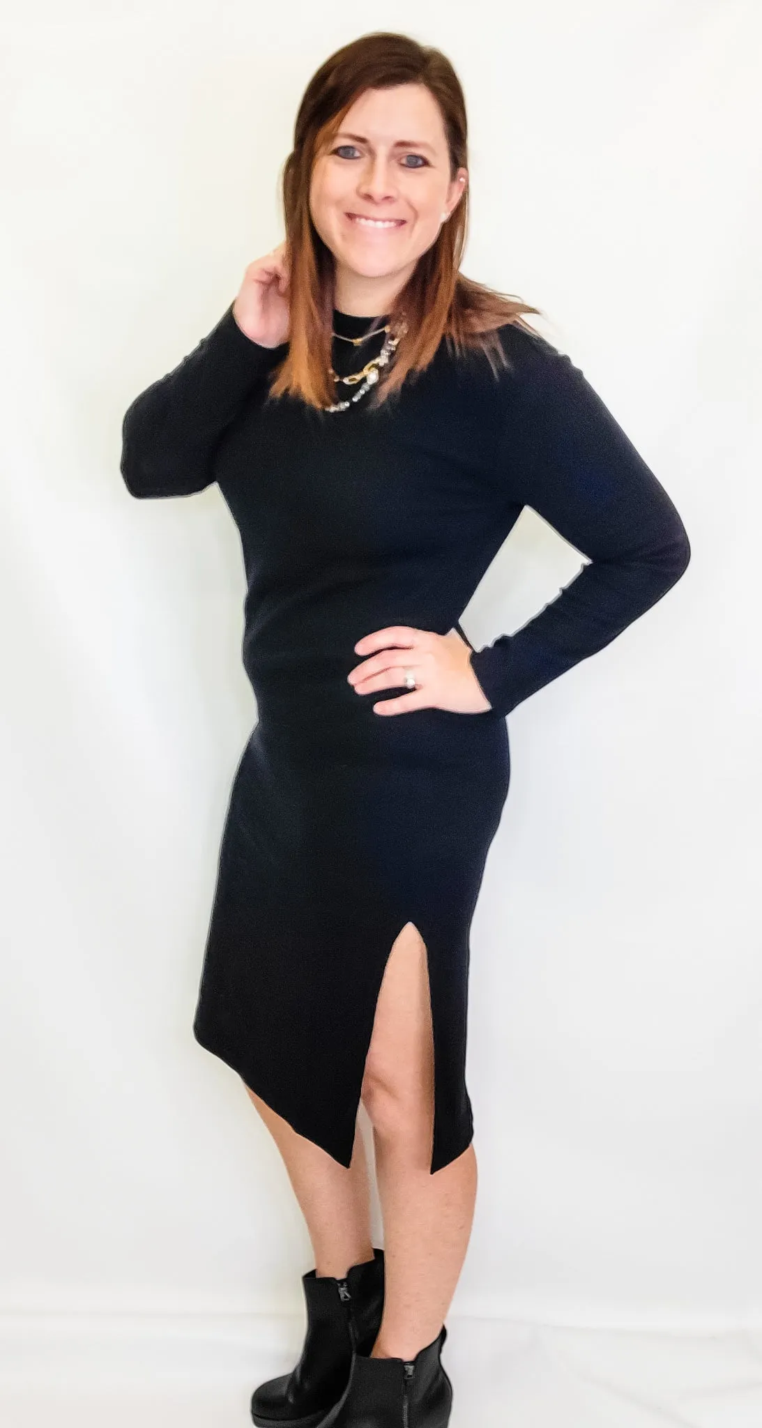 Black, Long Sleeve Ribbed Dress