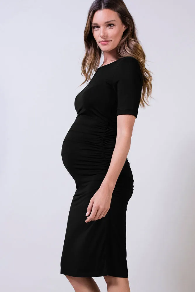 Capped Sleeve Ruched Maternity Dress in Caviar Black