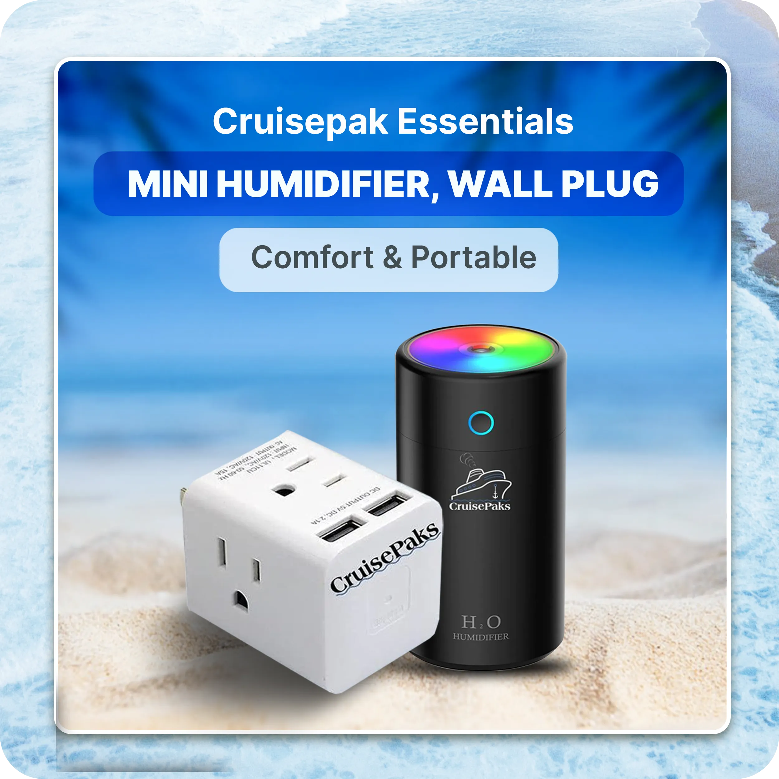 Cruise Essentials USB Colorful Humidifier With Wall plug Bundle