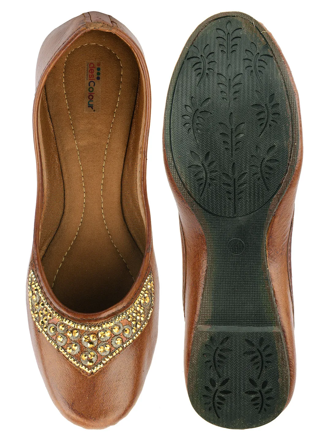 DESI COLOUR Women Brown Embellished Ethnic Mojaris Flats