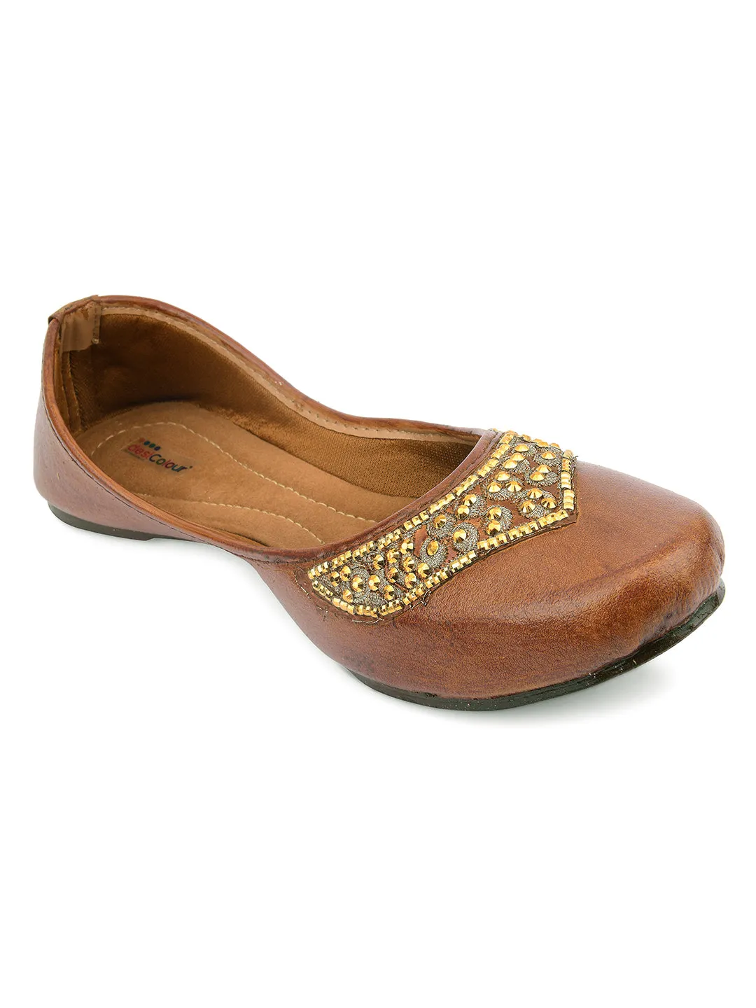 DESI COLOUR Women Brown Embellished Ethnic Mojaris Flats
