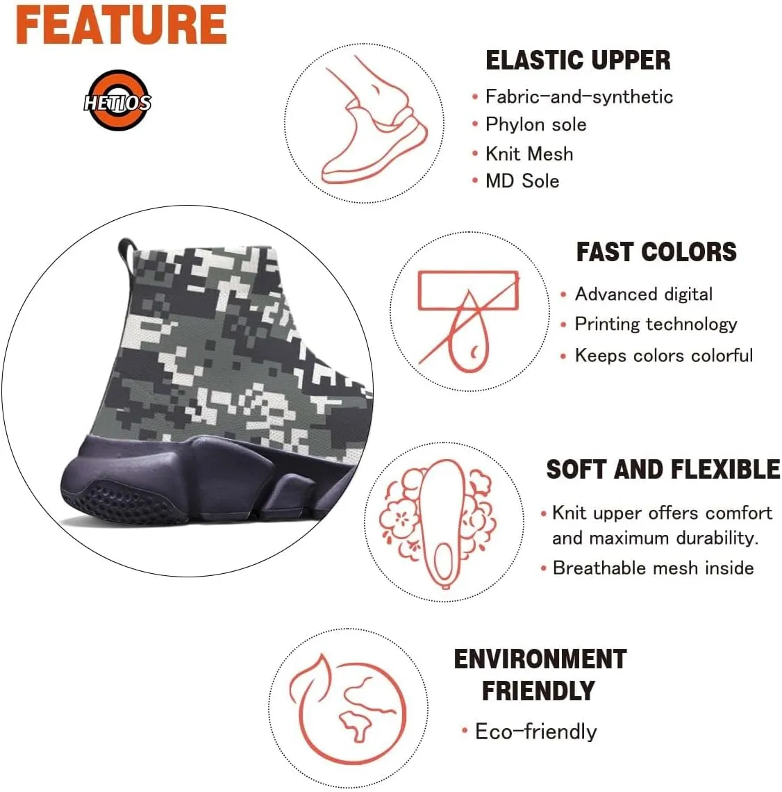 Hetios Men's Camouflage Shoes - Lightweight Breathable Walking Shoes Sock Shoes Workout Casual Running Shoes