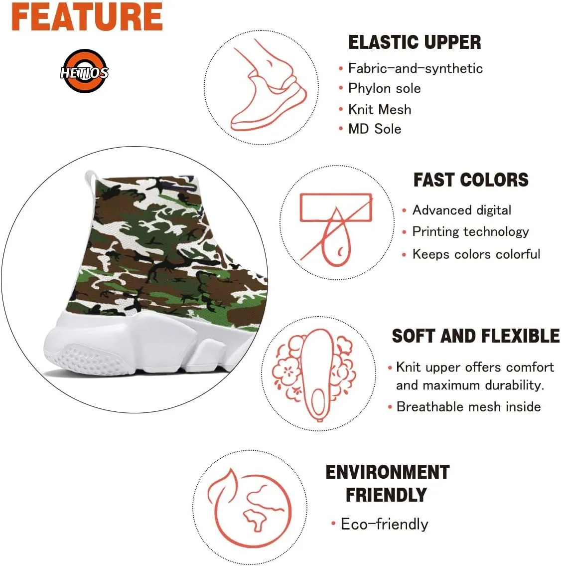 Hetios Men's Camouflage Shoes - Lightweight Breathable Walking Shoes Sock Shoes Workout Casual Running Shoes