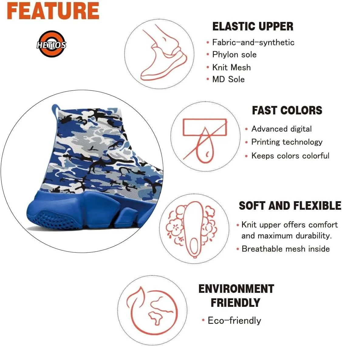 Hetios Men's Camouflage Shoes - Lightweight Breathable Walking Shoes Sock Shoes Workout Casual Running Shoes