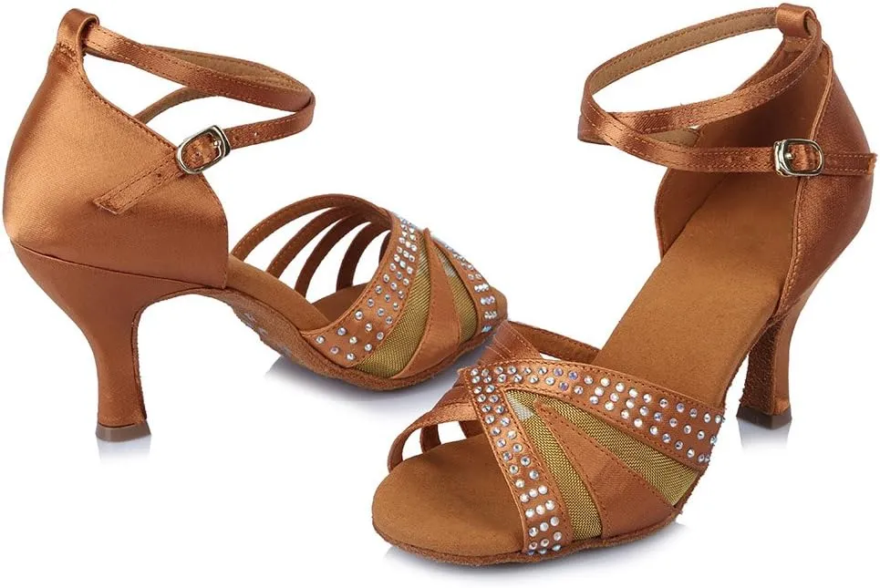 HIPPOSEUS Women's Rhinestones Latin Dance Shoes Satin Ballroom Salsa Net Yarn Dancing Shoes