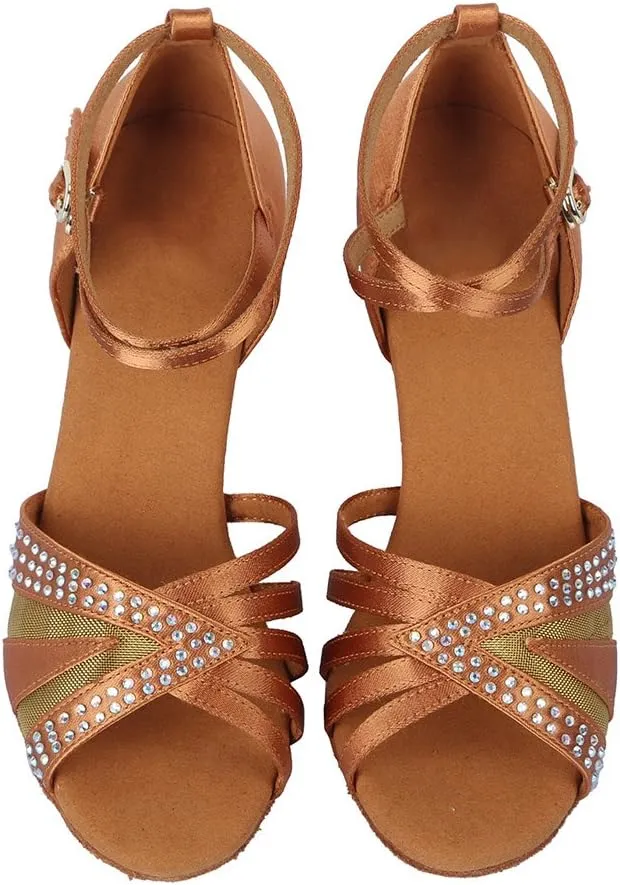 HIPPOSEUS Women's Rhinestones Latin Dance Shoes Satin Ballroom Salsa Net Yarn Dancing Shoes