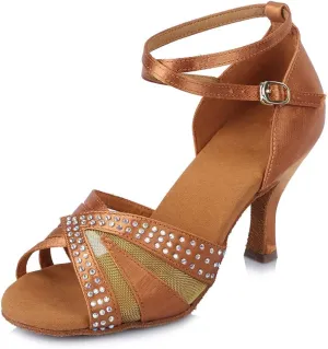 HIPPOSEUS Women's Rhinestones Latin Dance Shoes Satin Ballroom Salsa Net Yarn Dancing Shoes