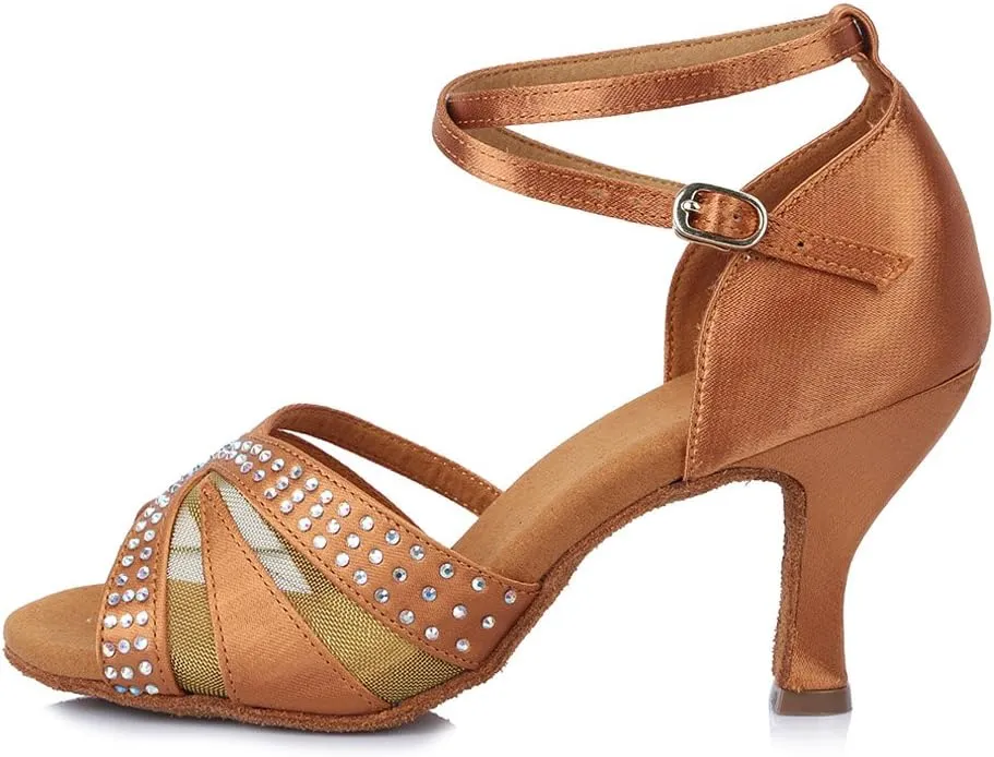 HIPPOSEUS Women's Rhinestones Latin Dance Shoes Satin Ballroom Salsa Net Yarn Dancing Shoes