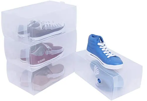 ITIDY Shoe-Box,Men and Women Shoe Storage Boxes with Handles for Easy Carrying,Plastic Foldable Stackable Shoe Storage Container,Closet Shelf Shoe Organizer,Pack of 4,Clear
