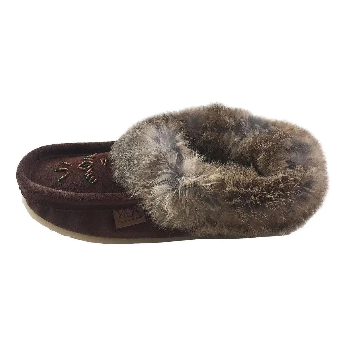 Laurentian Chief Women's Choco Suede Slippers with Rabbit Fur Collar Crepe Sole 13673L, 12653L, 12568L