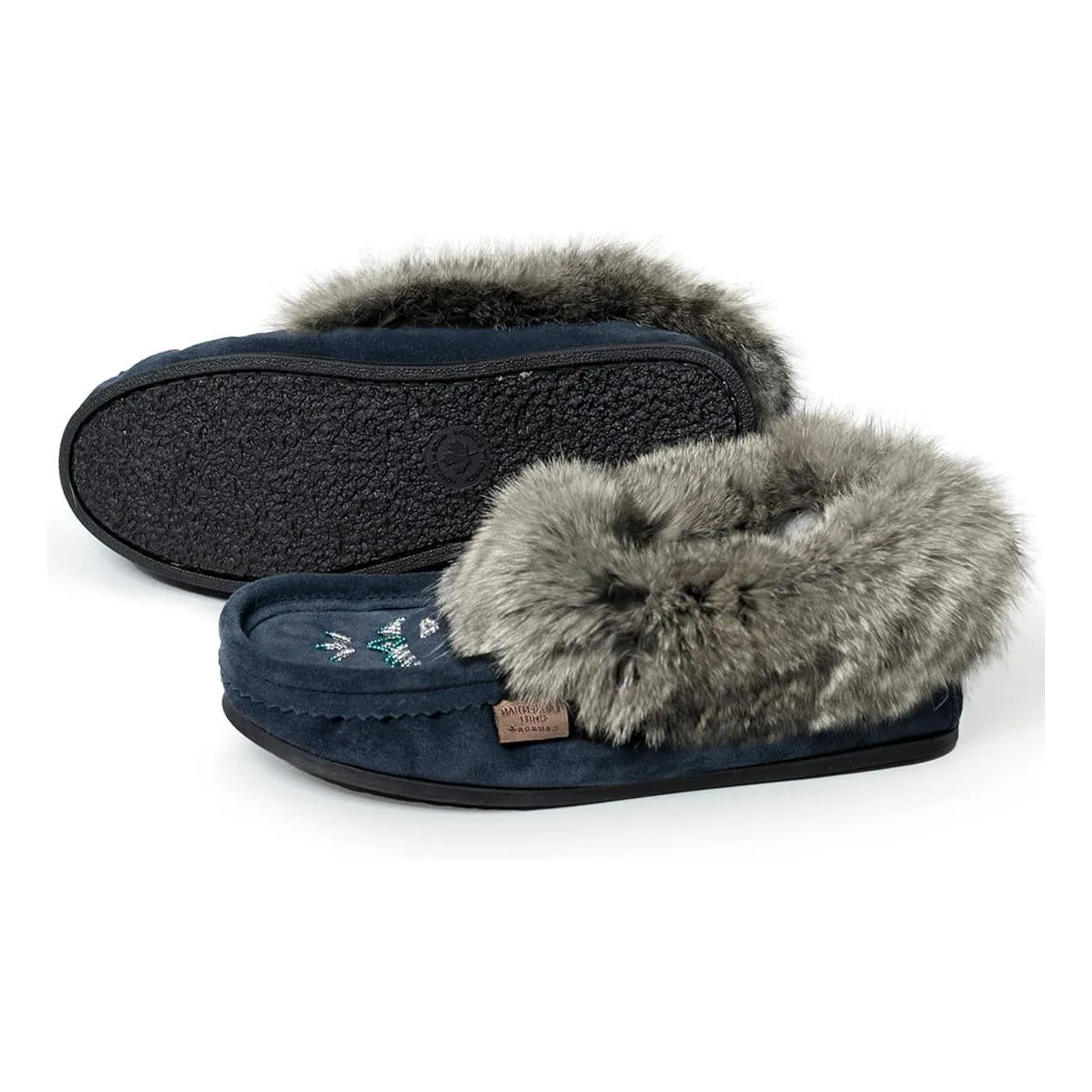 Laurentian Chief Women's Choco Suede Slippers with Rabbit Fur Collar Crepe Sole 13673L, 12653L, 12568L