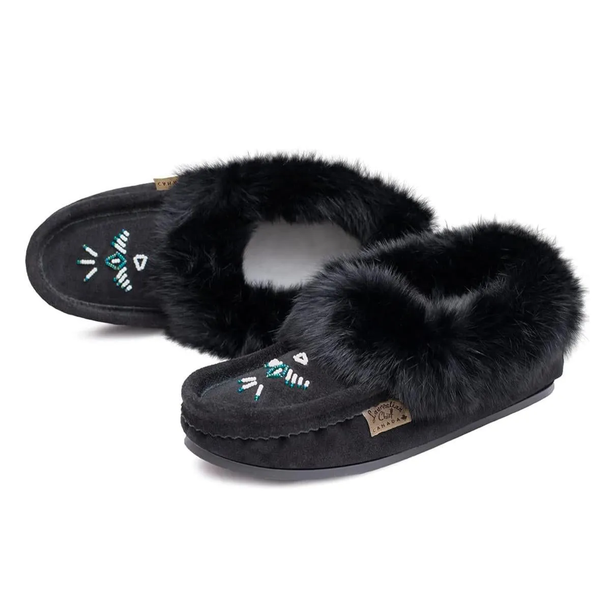 Laurentian Chief Women's Choco Suede Slippers with Rabbit Fur Collar Crepe Sole 13673L, 12653L, 12568L