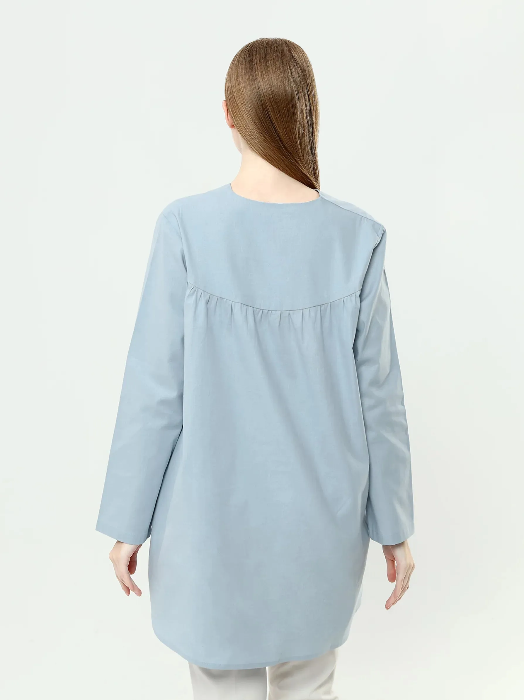 Light Blue Pleated Linen Blend Tunic Top