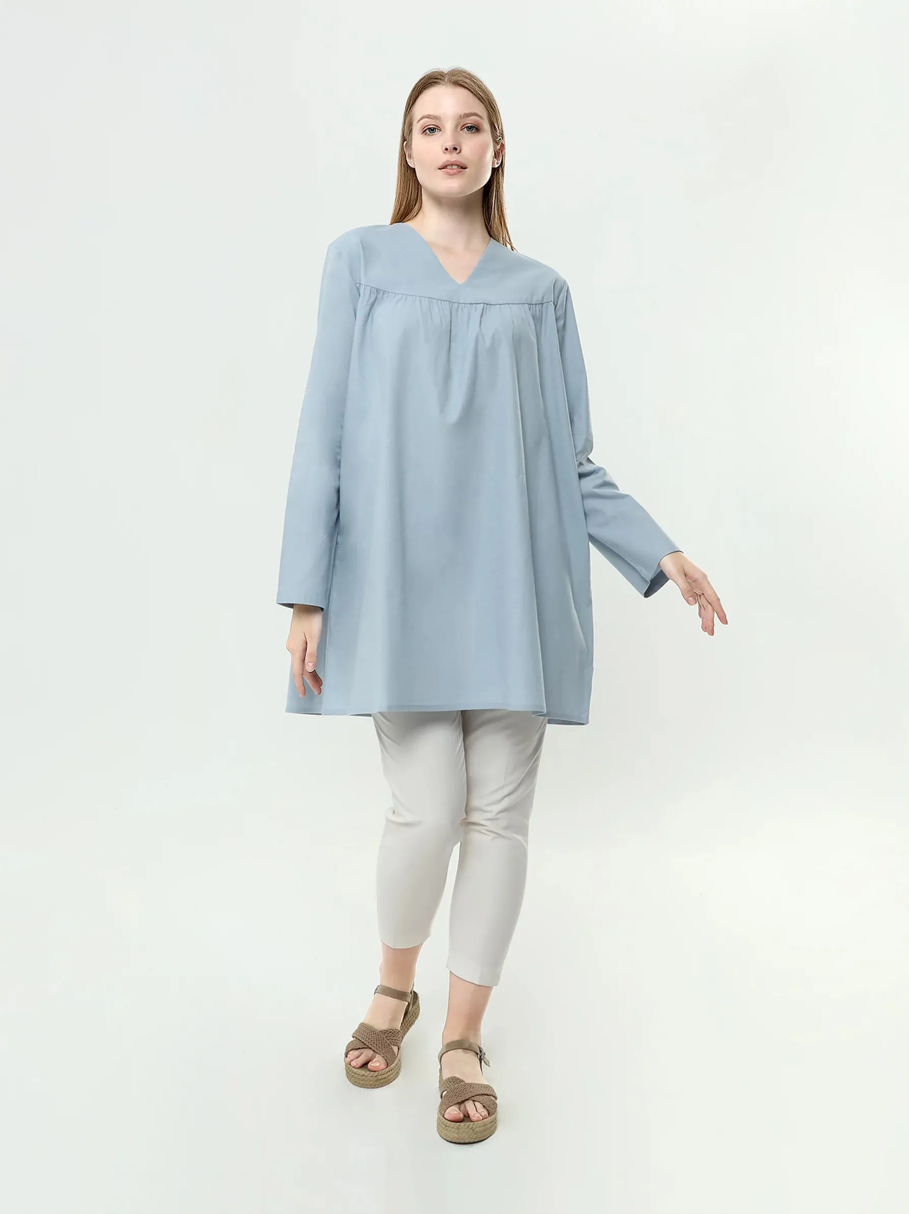 Light Blue Pleated Linen Blend Tunic Top