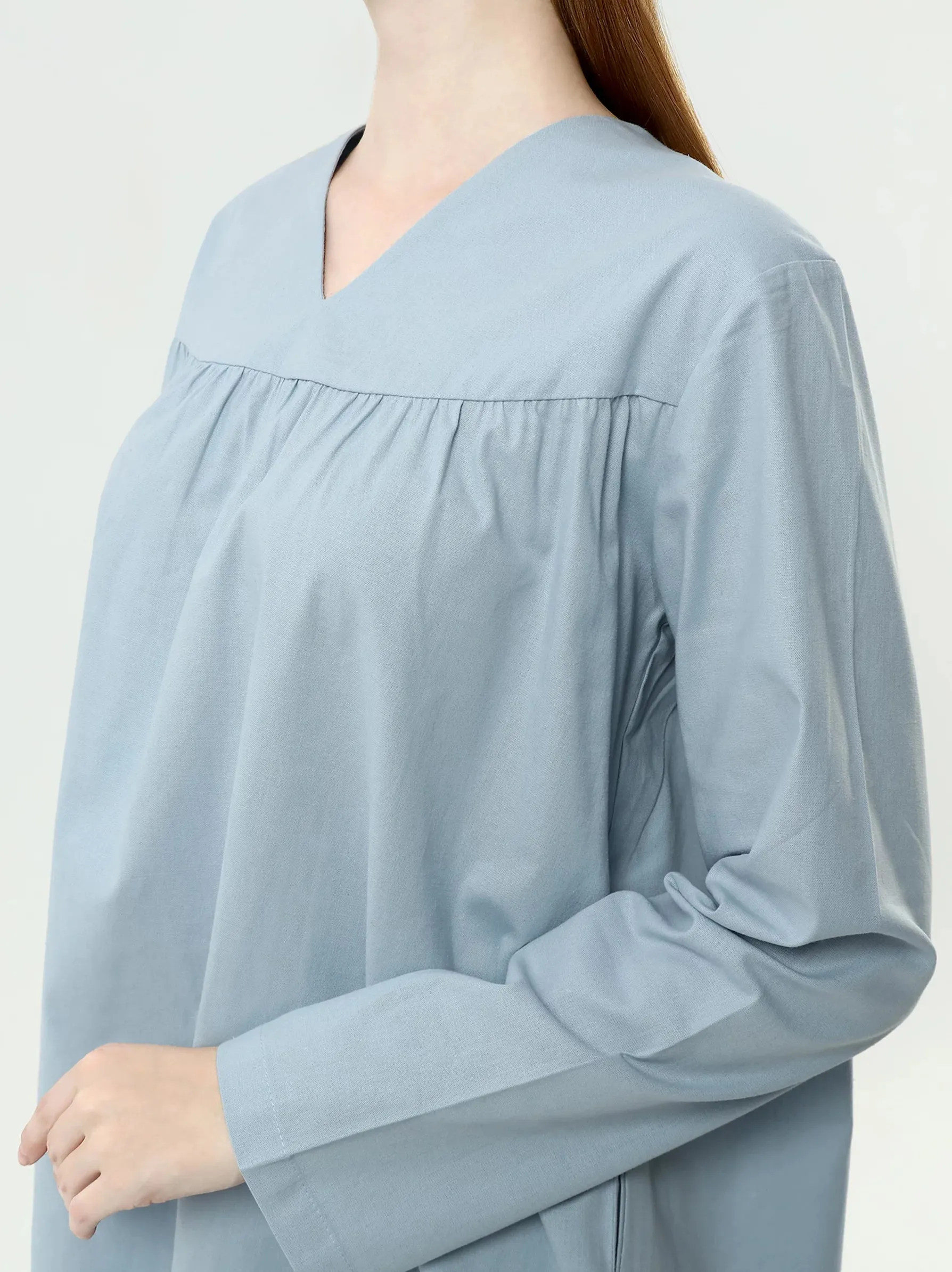 Light Blue Pleated Linen Blend Tunic Top