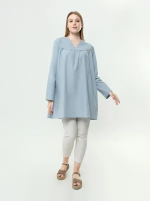 Light Blue Pleated Linen Blend Tunic Top