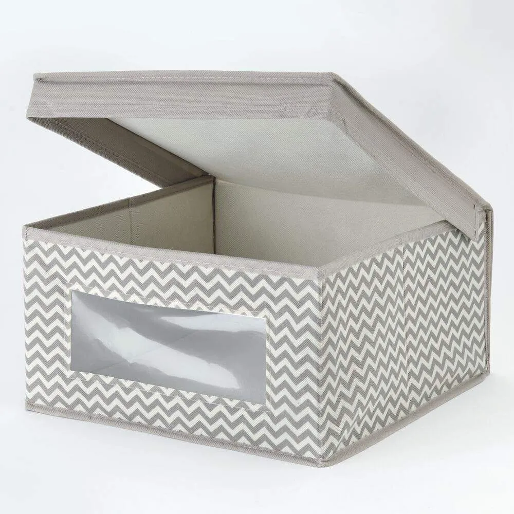 mDesign Soft Stackable Fabric Closet Storage Organizer Holder Bin with Clear Window, Attached Hinged Lid - for Bedroom, Hallway, Entryway, Bathroom - Chevron Print - Medium, 4 Pack - Taupe/Natural