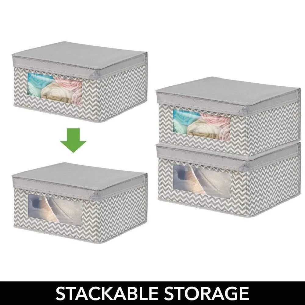 mDesign Soft Stackable Fabric Closet Storage Organizer Holder Bin with Clear Window, Attached Hinged Lid - for Bedroom, Hallway, Entryway, Bathroom - Chevron Print - Medium, 4 Pack - Taupe/Natural