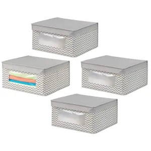 mDesign Soft Stackable Fabric Closet Storage Organizer Holder Bin with Clear Window, Attached Hinged Lid - for Bedroom, Hallway, Entryway, Bathroom - Chevron Print - Medium, 4 Pack - Taupe/Natural