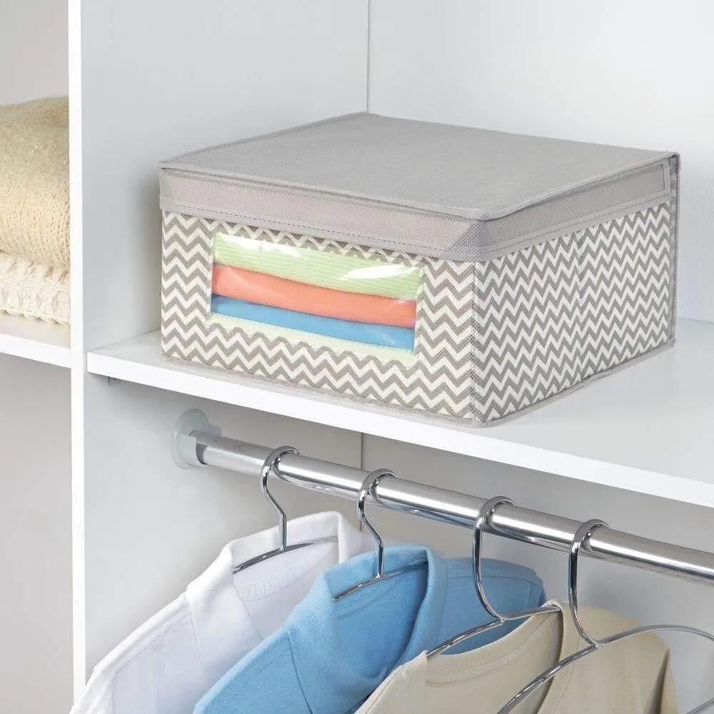 mDesign Soft Stackable Fabric Closet Storage Organizer Holder Bin with Clear Window, Attached Hinged Lid - for Bedroom, Hallway, Entryway, Bathroom - Chevron Print - Medium, 4 Pack - Taupe/Natural