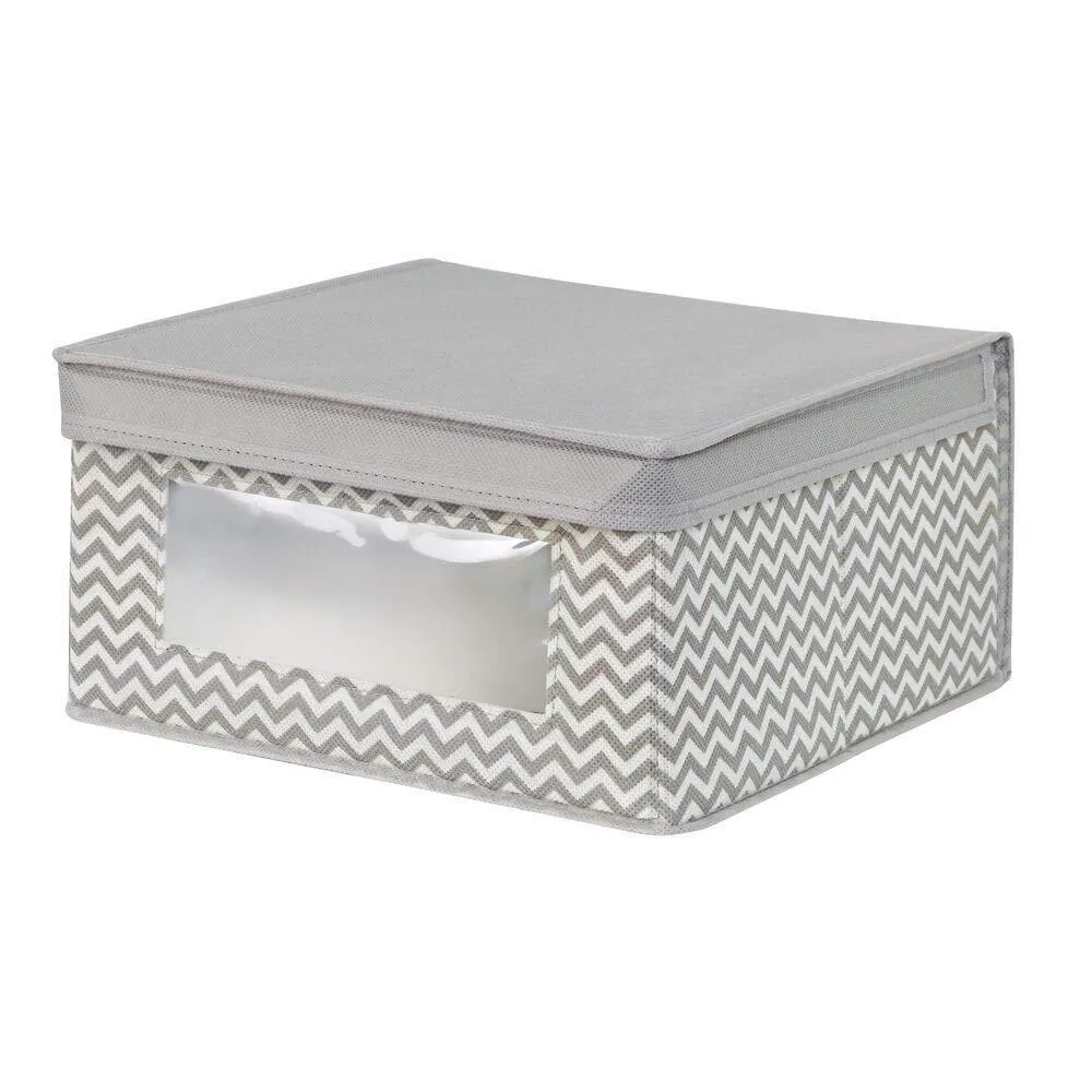 mDesign Soft Stackable Fabric Closet Storage Organizer Holder Bin with Clear Window, Attached Hinged Lid - for Bedroom, Hallway, Entryway, Bathroom - Chevron Print - Medium, 4 Pack - Taupe/Natural
