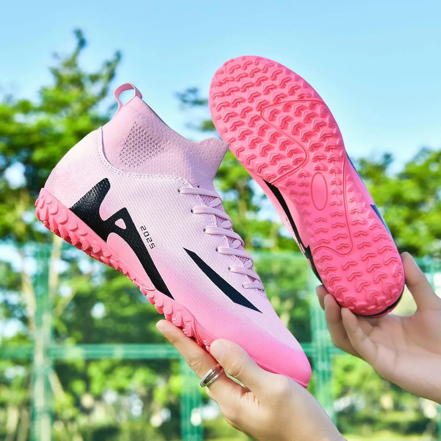 Men's Soccer Shoes High-Tops Lace-Up Non-Slip Spikes Indoor Football Futsal TF Turf Cleats