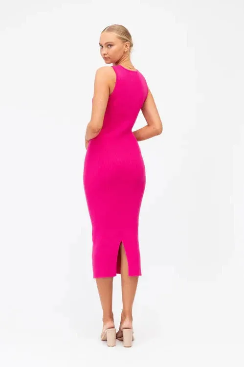 RIB KNIT MIDI DRESS -  HOT PINK