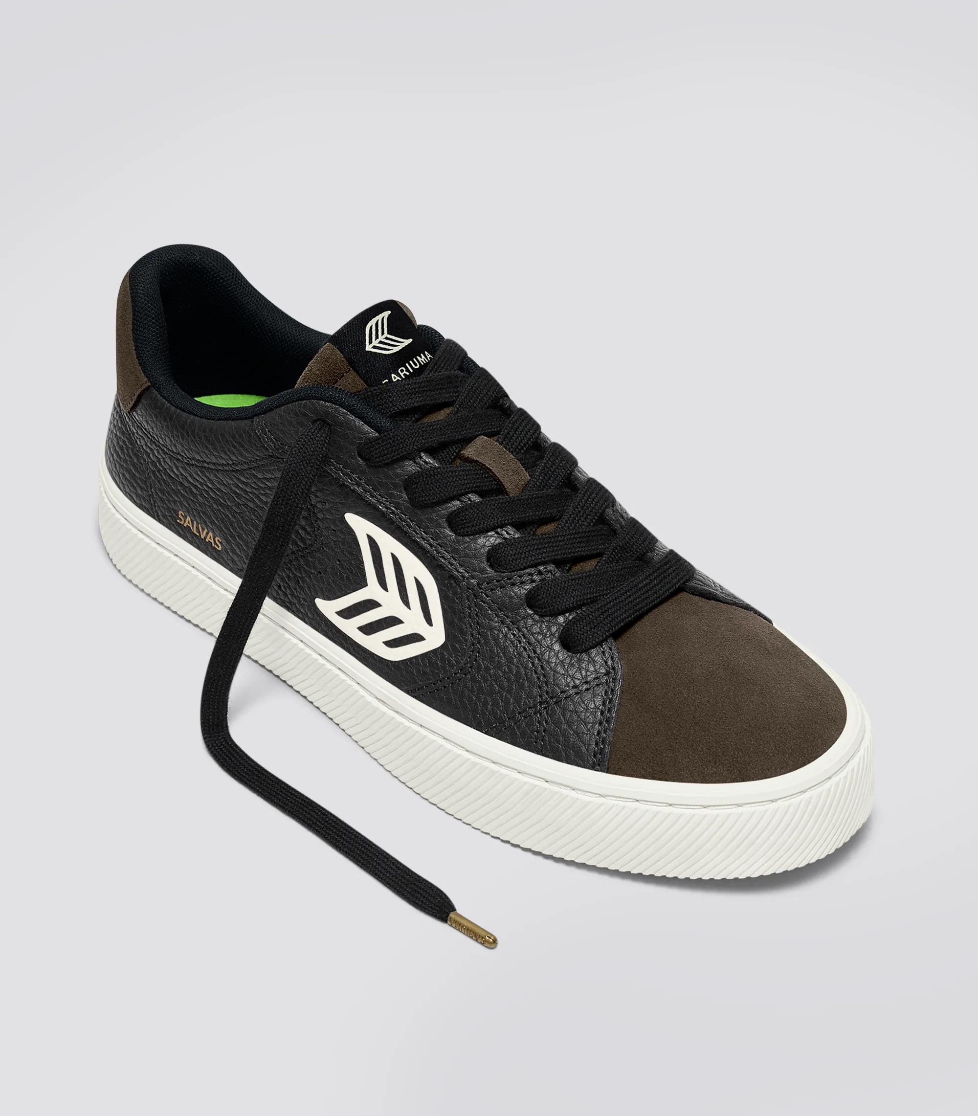 SALVAS Black Premium Leather Khaki Suede Ivory Logo Sneaker