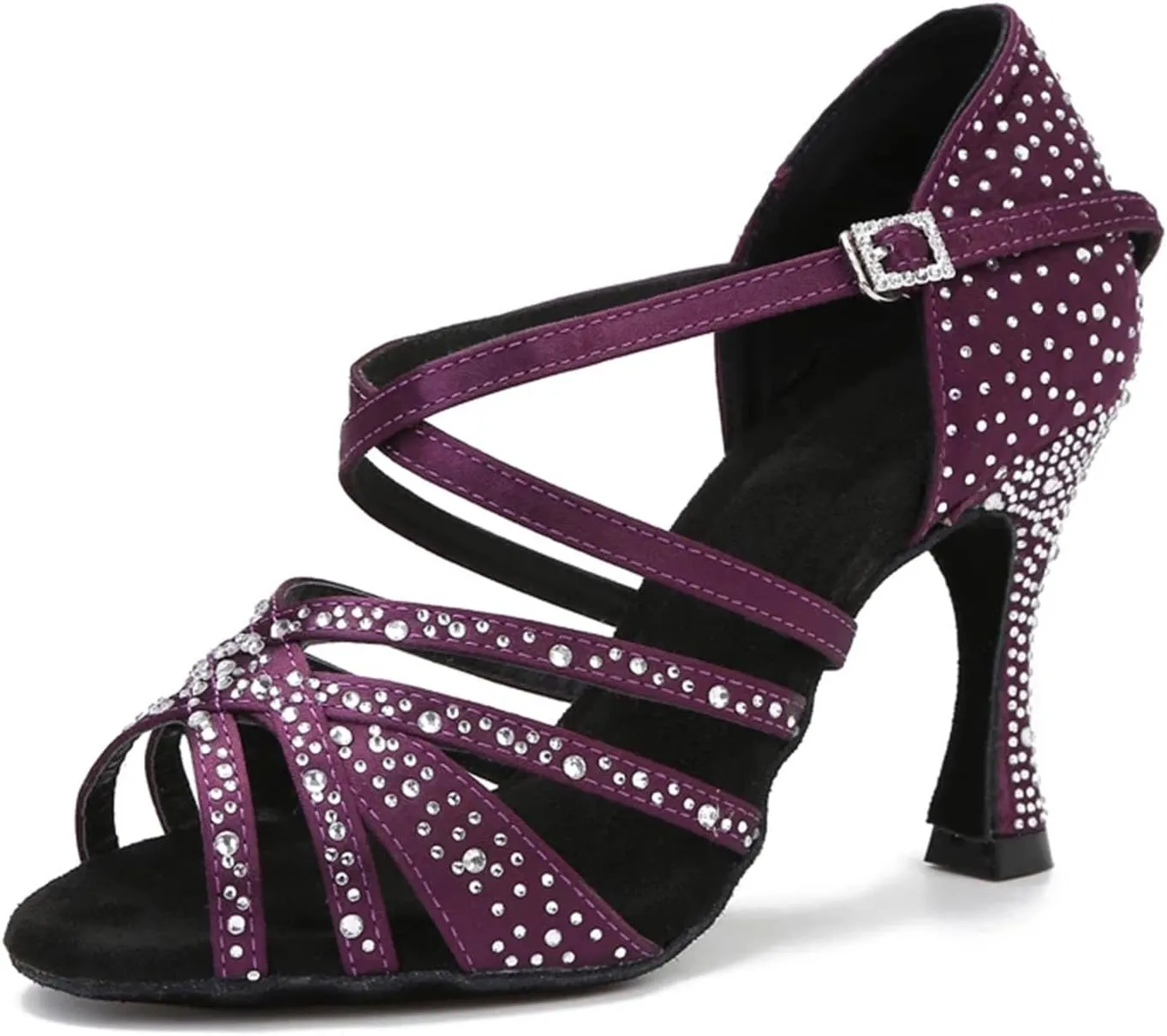 Satin Rhinestone Dance Shoes - Soft Bottom Sandals with 9CM (3.54") Heels for Party, Salsa, Wedding