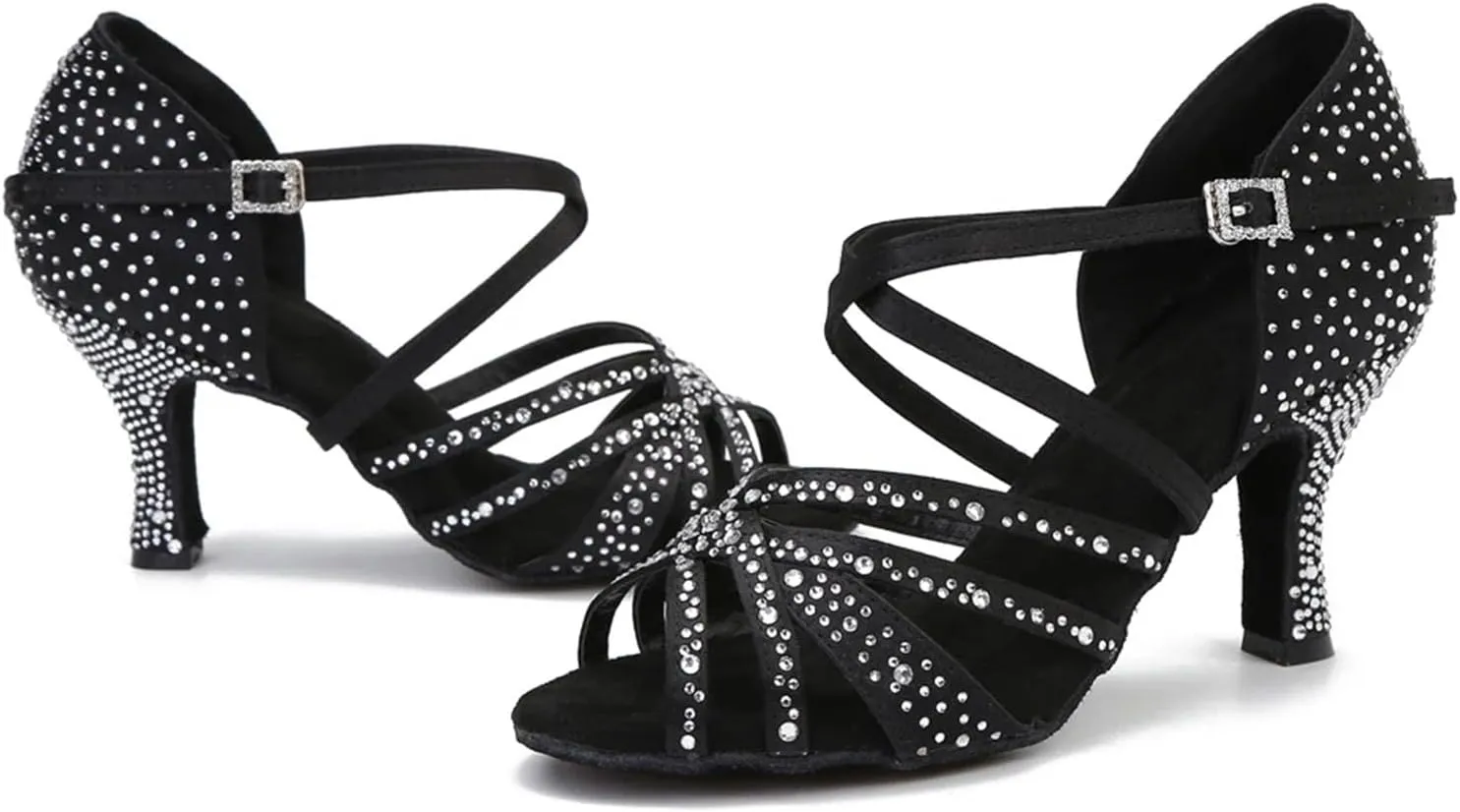 Satin Rhinestone Dance Shoes - Soft Bottom Sandals with 9CM (3.54") Heels for Party, Salsa, Wedding
