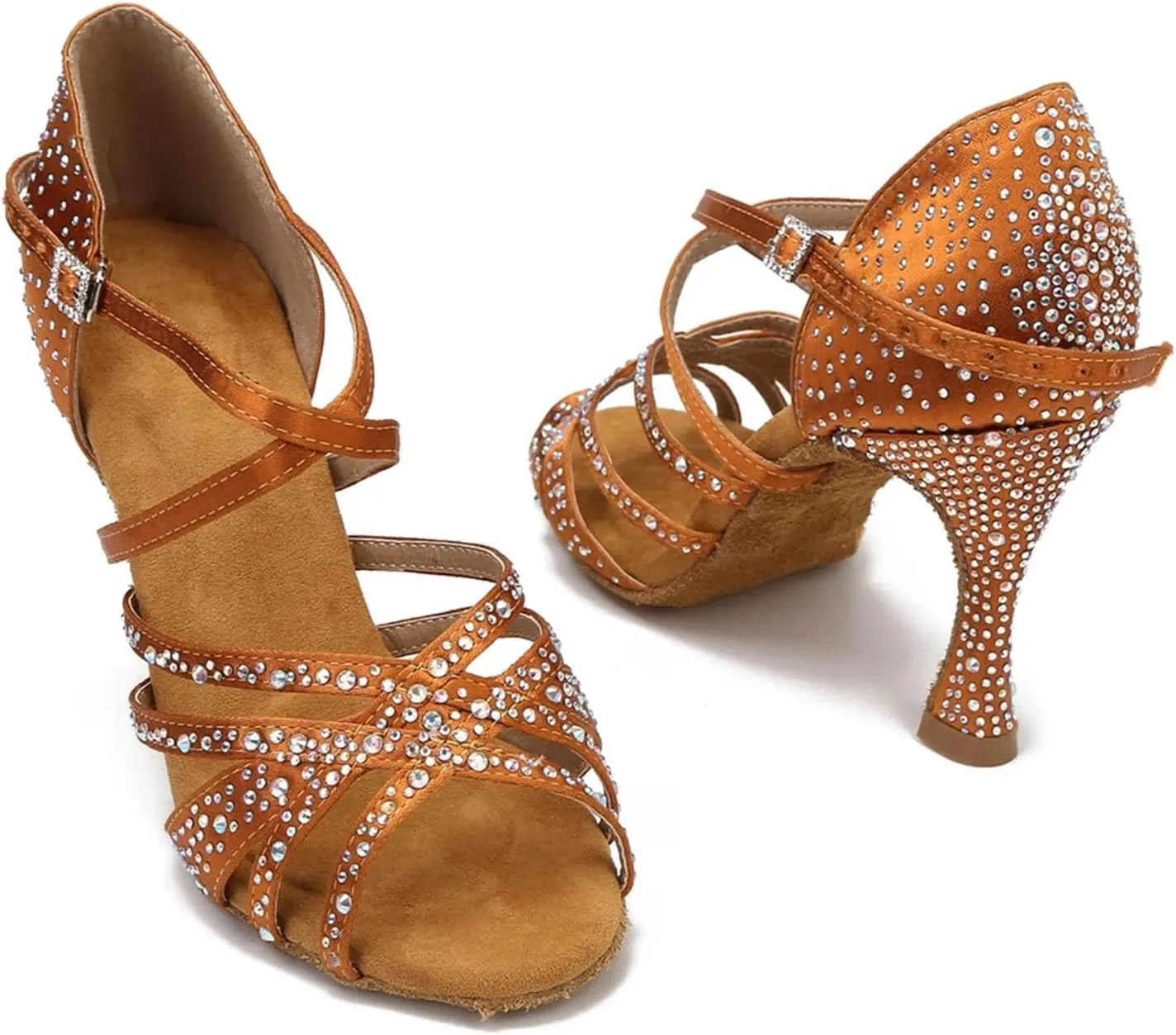 Satin Rhinestone Dance Shoes - Soft Bottom Sandals with 9CM (3.54") Heels for Party, Salsa, Wedding