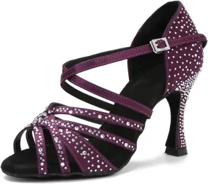 Satin Rhinestone Dance Shoes - Soft Bottom Sandals with 9CM (3.54") Heels for Party, Salsa, Wedding