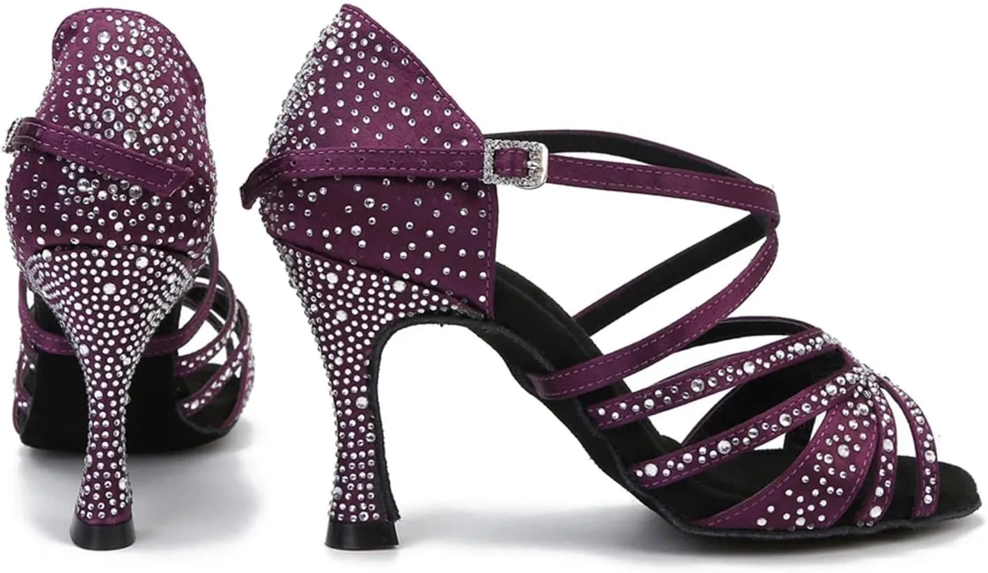 Satin Rhinestone Dance Shoes - Soft Bottom Sandals with 9CM (3.54") Heels for Party, Salsa, Wedding