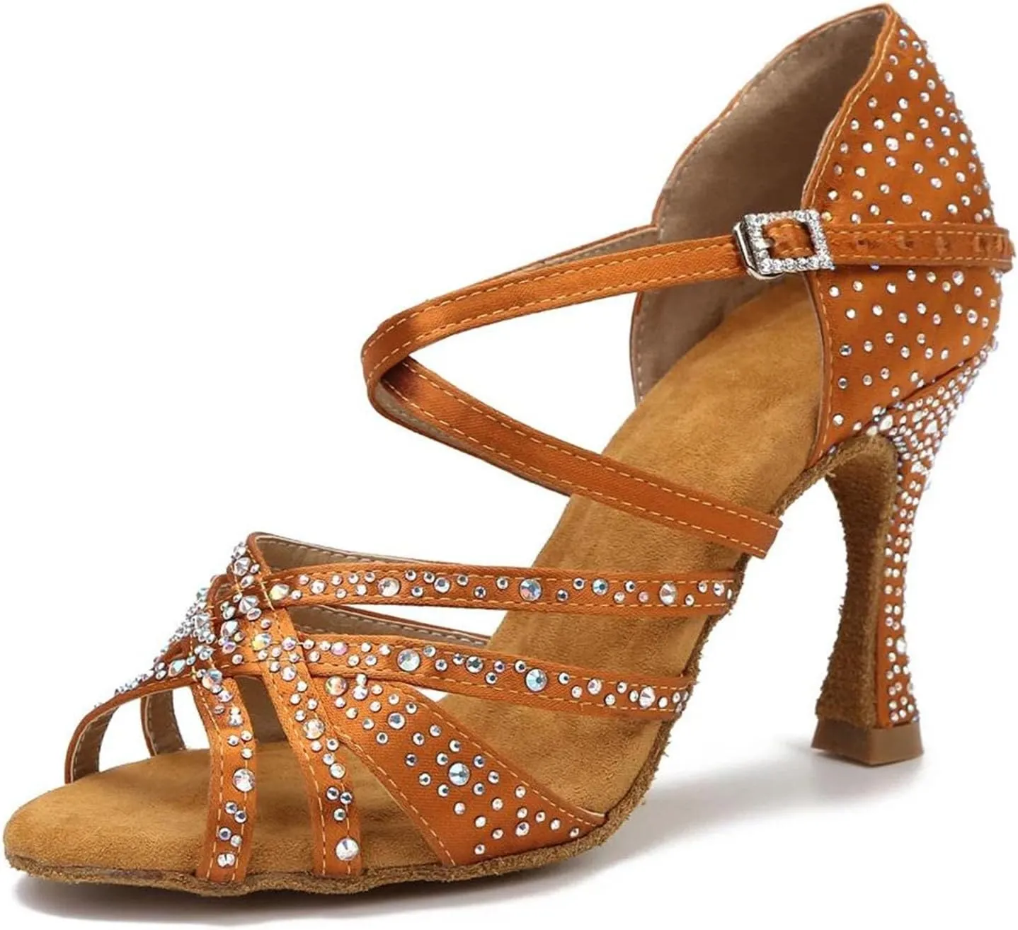 Satin Rhinestone Dance Shoes - Soft Bottom Sandals with 9CM (3.54") Heels for Party, Salsa, Wedding