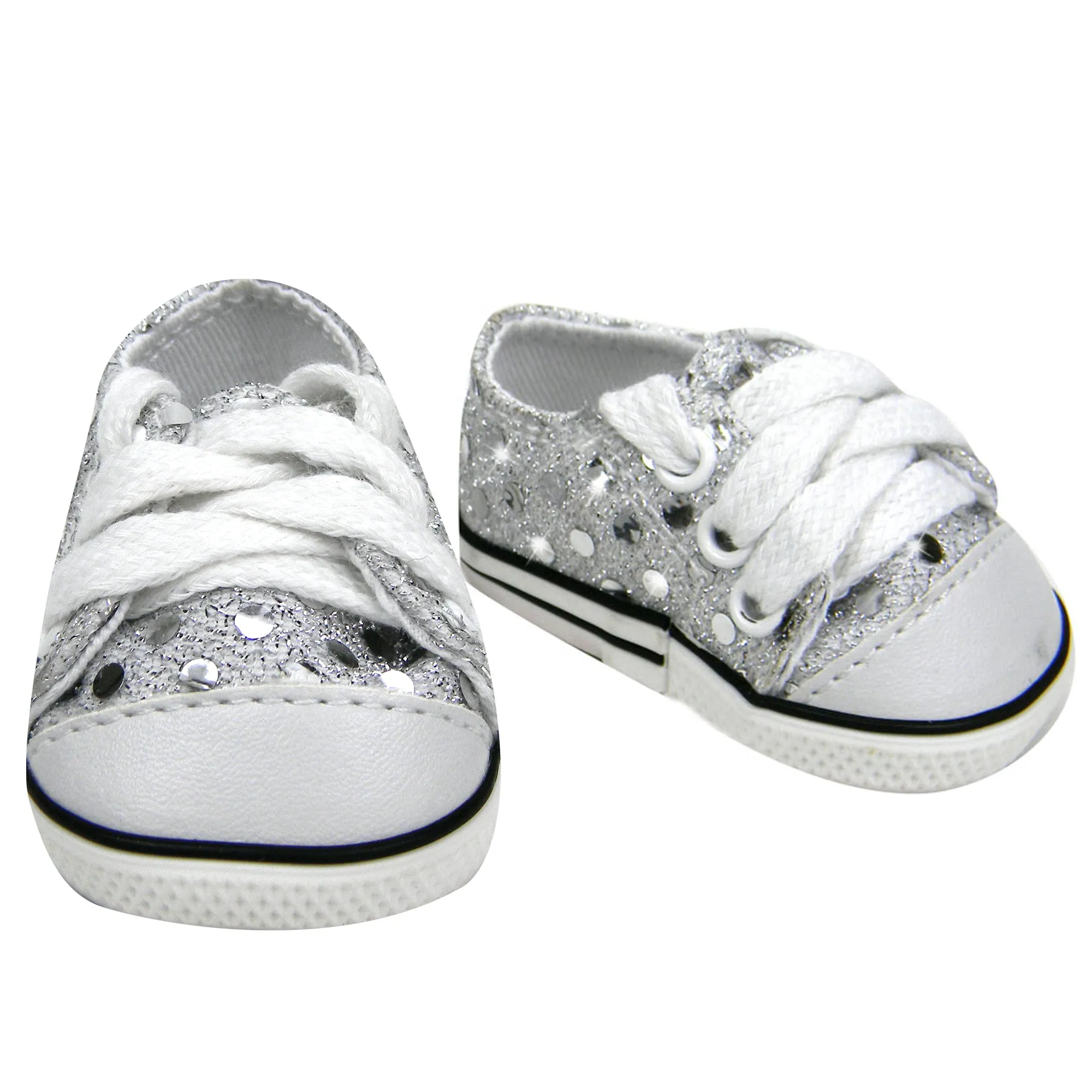 Sophia’s by Teamson Kids 18" Baby Doll Shoes with Sequins, Silver Glitter Pumps or Trainers with Laces for Dolls up to 46cm, Dolls Accessories