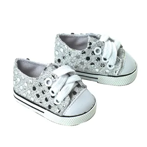 Sophia’s by Teamson Kids 18" Baby Doll Shoes with Sequins, Silver Glitter Pumps or Trainers with Laces for Dolls up to 46cm, Dolls Accessories