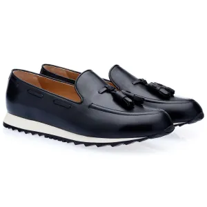 SUPERGLAMOUROUS Men's Shoes Black Philippe Nappa Calf-Skin Leather Active Sneakers (SPGM1183)