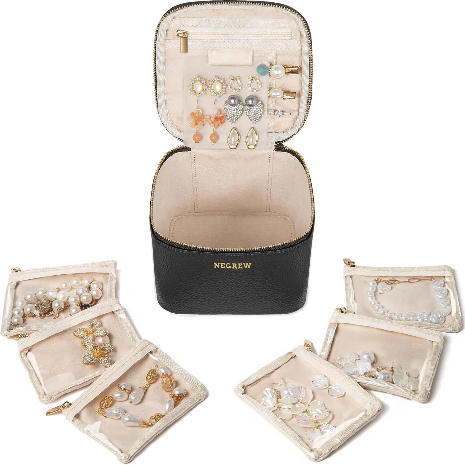 Travel Jewelry Box with 6 Pouches, Leather Jewelry Organizer Case for Women Girl for Necklace Earring Bracelet Ring, Jewelry Holder Organizer Box,Wedding Birthday Gift Idea