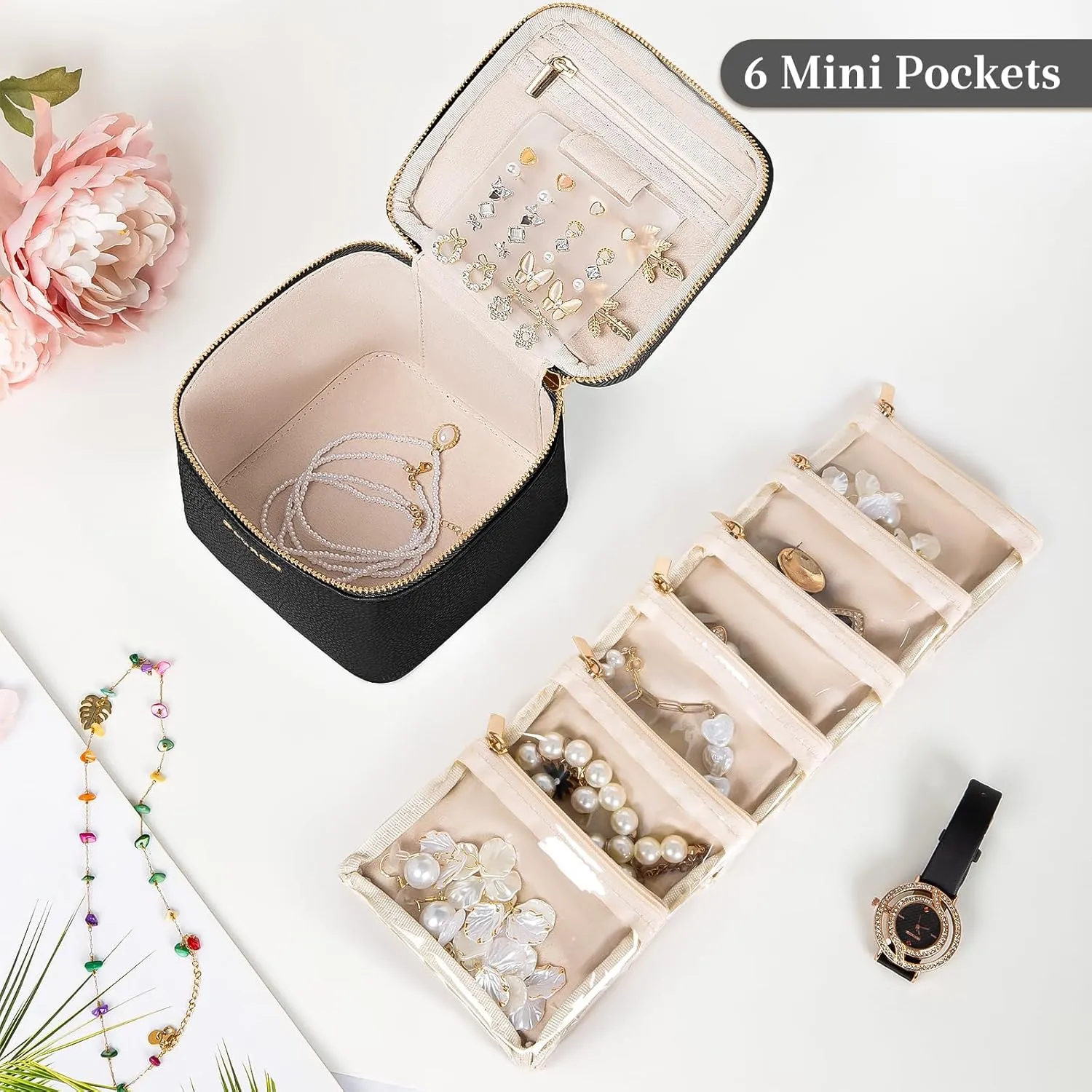 Travel Jewelry Box with 6 Pouches, Leather Jewelry Organizer Case for Women Girl for Necklace Earring Bracelet Ring, Jewelry Holder Organizer Box,Wedding Birthday Gift Idea