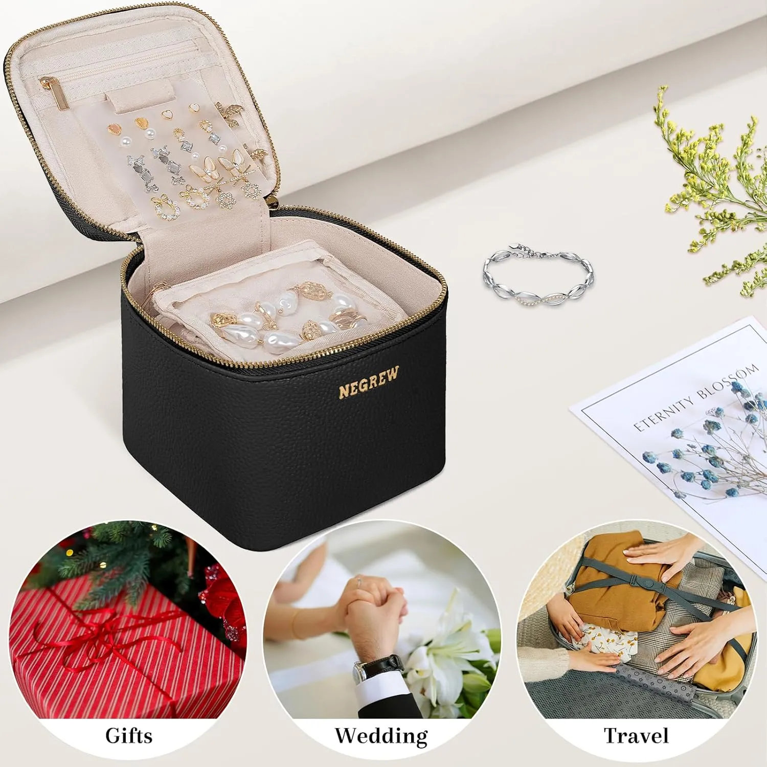 Travel Jewelry Box with 6 Pouches, Leather Jewelry Organizer Case for Women Girl for Necklace Earring Bracelet Ring, Jewelry Holder Organizer Box,Wedding Birthday Gift Idea